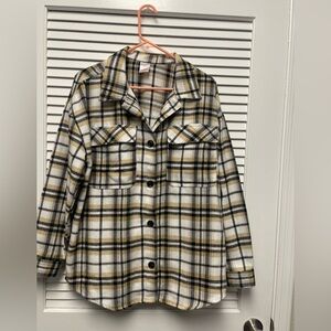 No Boundaries Women’s Plaid Button-Down Shirt - Black, White, Yellow